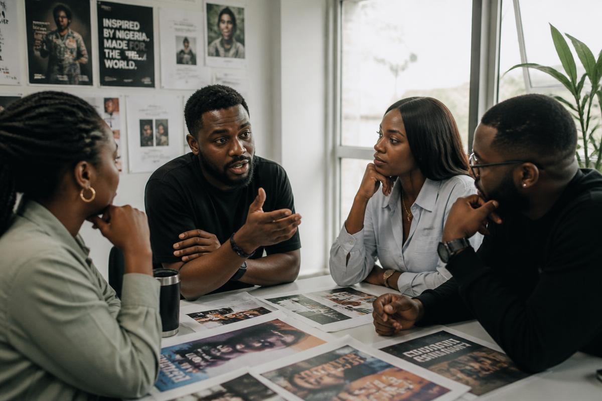 Brand planning session with printed campaign creatives