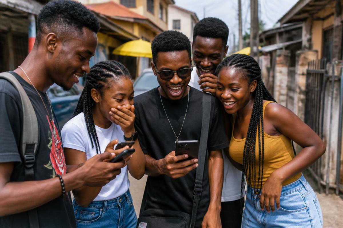 Group of young Nigerians sharing content on their phones