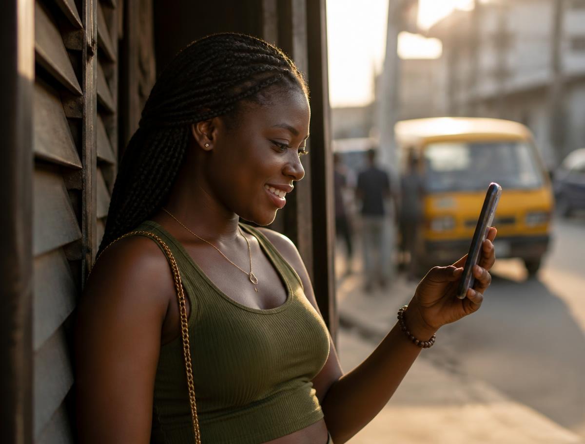 Young Nigerian woman using her smartphone on a Lagos street
